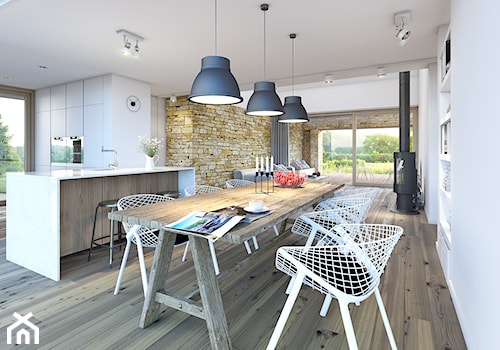 RODZINNY 3 - nowoczesna „stodoła” - Średnia biała brązowa jadalnia w kuchni, styl skandynawski - zdjęcie od DOMY Z WIZJĄ - nowoczesne projekty domów