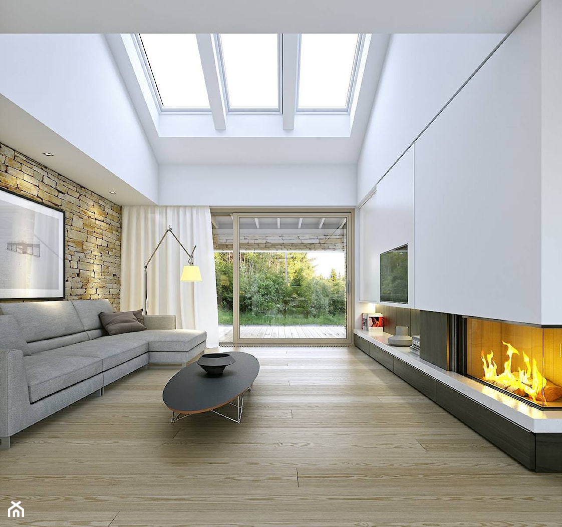 RODZINNY 1 - dom parterowy z dachem dwuspadowym - Duży biały salon z tarasem / balkonem, styl minimalistyczny - zdjęcie od DOMY Z WIZJĄ - nowoczesne projekty domów - Homebook