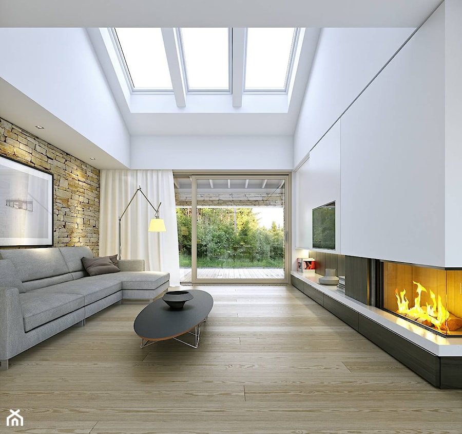 RODZINNY 1 - dom parterowy z dachem dwuspadowym - Duży biały salon z tarasem / balkonem, styl minimalistyczny - zdjęcie od DOMY Z WIZJĄ - nowoczesne projekty domów