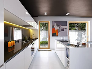 PROSTY 1 - nowoczesny dom bez okapu - Duża otwarta z zabudowaną lodówką kuchnia dwurzędowa z wyspą lub półwyspem z oknem, styl nowoczesny - zdjęcie od DOMY Z WIZJĄ - nowoczesne projekty domów