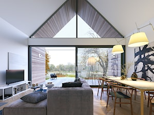 Z POMYSŁEM 1 - Imponujące przeszklenia - Mały biały salon z jadalnią z tarasem / balkonem, styl skandynawski - zdjęcie od DOMY Z WIZJĄ - nowoczesne projekty domów