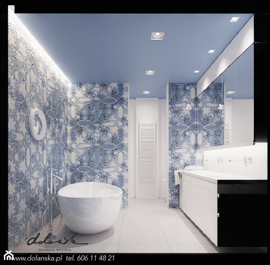ŁAZIENKA_RODZINNA_wersja_niebieska - Mała bez okna z dwoma umywalkami łazienka, styl nowoczesny - zdjęcie od DOLAŃSKA WNĘTRZA