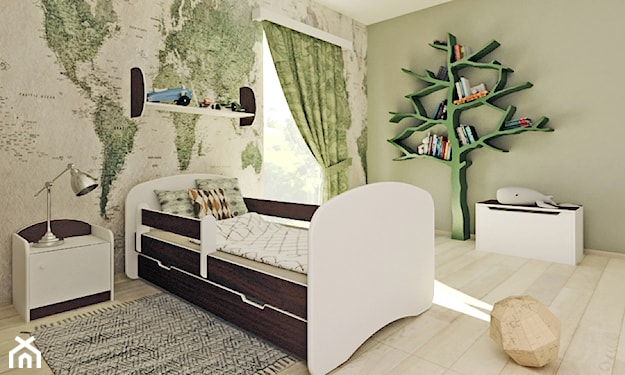 zielona półka na książki w kształcie drzewa w pokoju dziecka