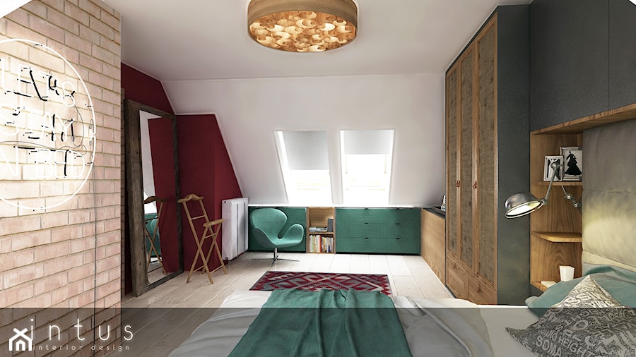Poddasze Bielawa - Średnia biała czerwona sypialnia na poddaszu, styl tradycyjny - zdjęcie od INTUS DeSiGn