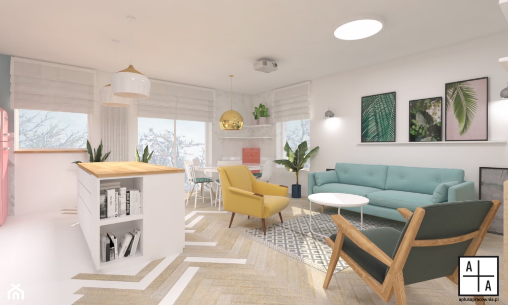 Mieszkanie 2, 84m2 - Średni biały salon z kuchnią z jadalnią, styl skandynawski - zdjęcie od A+A - Homebook