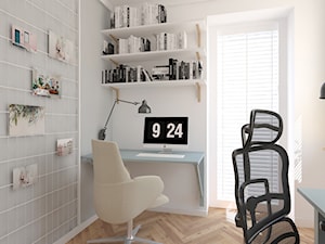 Mieszkanie 2, 84m2 - Małe w osobnym pomieszczeniu z zabudowanym biurkiem białe biuro, styl skandynawski - zdjęcie od A+A