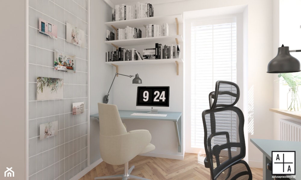 Mieszkanie 2, 84m2 - Małe w osobnym pomieszczeniu z zabudowanym biurkiem białe biuro, styl skandynawski - zdjęcie od A+A - Homebook