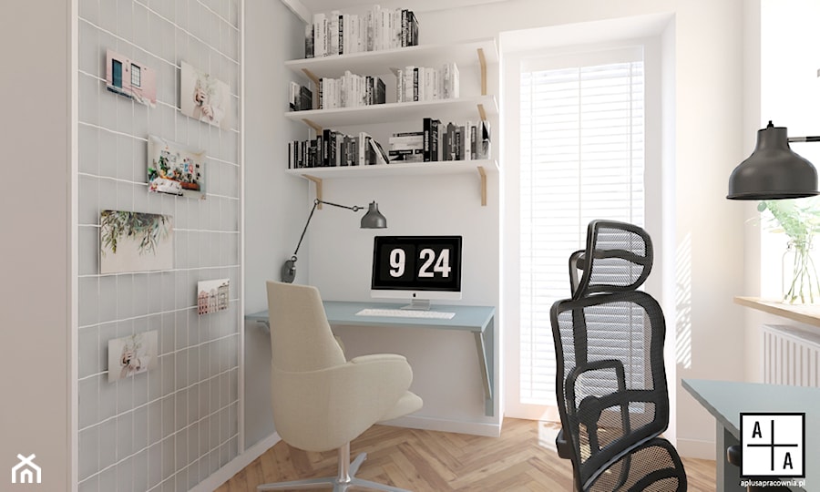 Mieszkanie 2, 84m2 - Małe w osobnym pomieszczeniu z zabudowanym biurkiem białe biuro, styl skandynawski - zdjęcie od A+A