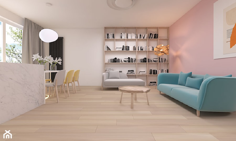 Mieszkanie 100m2 - Średni biały różowy salon z jadalnią z bibiloteczką, styl nowoczesny - zdjęcie od A+A