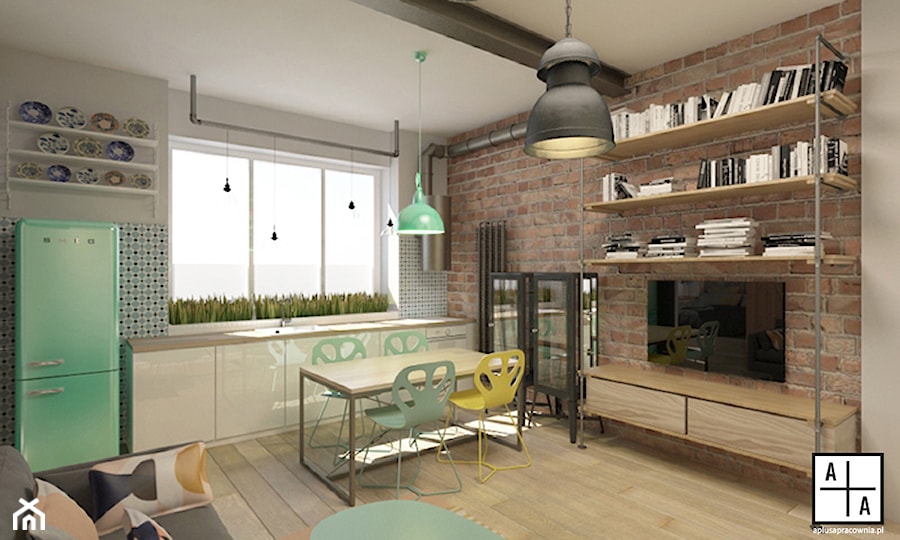 Mieszkanie 2, 60m2 - Mała średnia otwarta z salonem z lodówką wolnostojącą kuchnia jednorzędowa z oknem, styl industrialny - zdjęcie od A+A