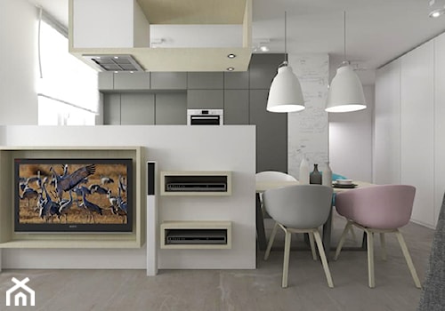 Mieszkanie 2+2, 68m2 - Średnia szara jadalnia w salonie w kuchni, styl nowoczesny - zdjęcie od A+A