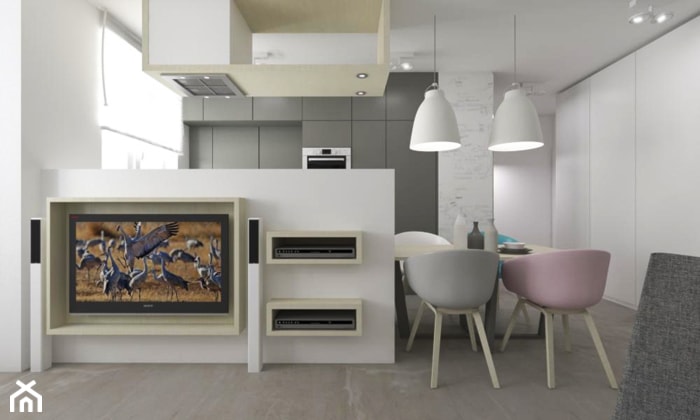 Mieszkanie 2+2, 68m2 - Średnia szara jadalnia w salonie w kuchni, styl nowoczesny - zdjęcie od A+A - Homebook
