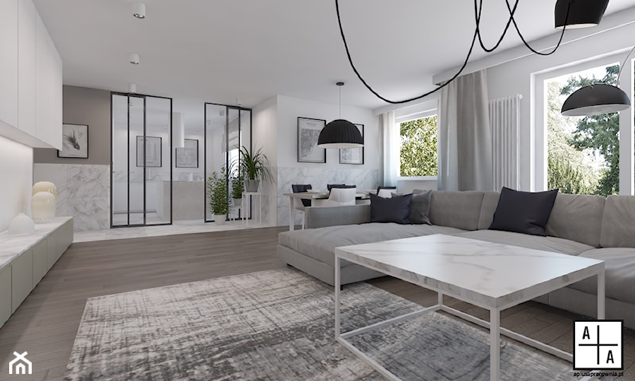 Mieszkanie 2+2, 127m2 - Średni biały salon z jadalnią, styl minimalistyczny - zdjęcie od A+A