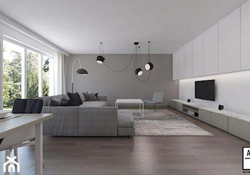 Mieszkanie 2+2, 127m2 - Duży biały szary salon z jadalnią, styl minimalistyczny - zdjęcie od A+A