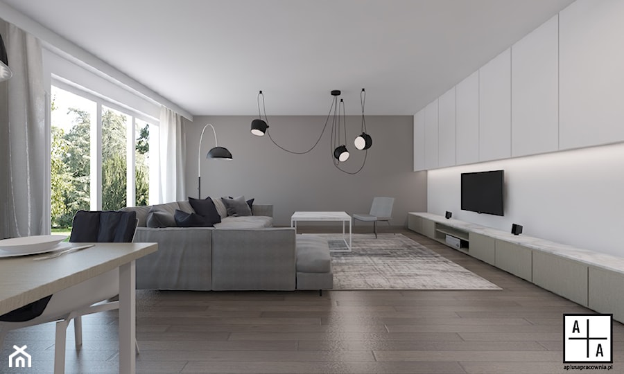 Mieszkanie 2+2, 127m2 - Duży biały szary salon z jadalnią, styl minimalistyczny - zdjęcie od A+A