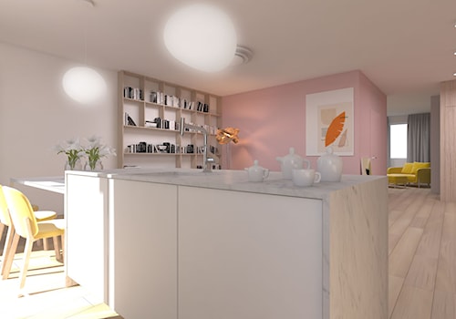 Mieszkanie 100m2 - Średnia otwarta z salonem biała z podblatowym zlewozmywakiem kuchnia dwurzędowa z wyspą lub półwyspem z oknem, styl nowoczesny - zdjęcie od A+A