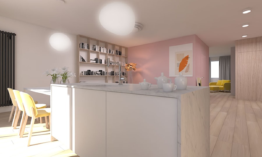 Mieszkanie 100m2 - Średnia otwarta z salonem biała z podblatowym zlewozmywakiem kuchnia dwurzędowa z wyspą lub półwyspem z oknem, styl nowoczesny - zdjęcie od A+A