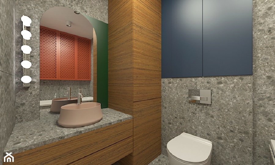 Mieszkanie 2+1, 80m2 - Mała z lustrem z marmurową podłogą z punktowym oświetleniem łazienka, styl nowoczesny - zdjęcie od A+A