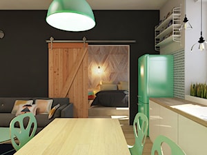 Mieszkanie 2, 60m2 - Mała otwarta z salonem z lodówką wolnostojącą z nablatowym zlewozmywakiem kuchnia jednorzędowa z oknem, styl industrialny - zdjęcie od A+A
