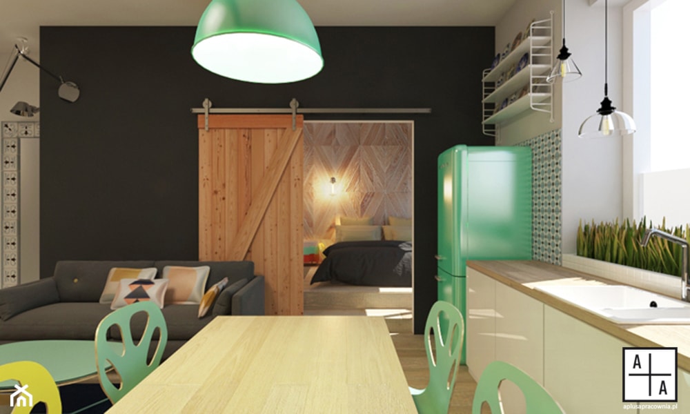 Mieszkanie 2, 60m2 - Mała otwarta z salonem z lodówką wolnostojącą z nablatowym zlewozmywakiem kuch ... - zdjęcie od A+A - Homebook