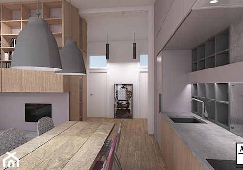 Mieszkanie 2+2, 78m2 - Średnia otwarta z kamiennym blatem biała szara z zabudowaną lodówką z podblatowym zlewozmywakiem kuchnia jednorzędowa, styl minimalistyczny - zdjęcie od A+A