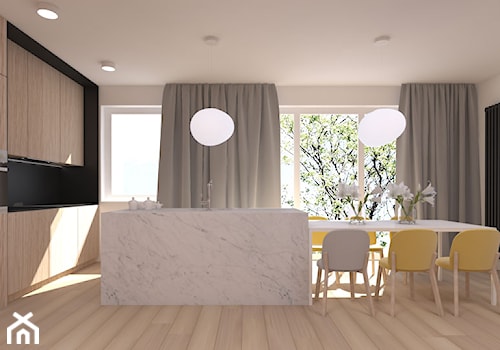 Mieszkanie 100m2 - Duża otwarta biała z zabudowaną lodówką kuchnia jednorzędowa z wyspą lub półwyspem z oknem, styl nowoczesny - zdjęcie od A+A