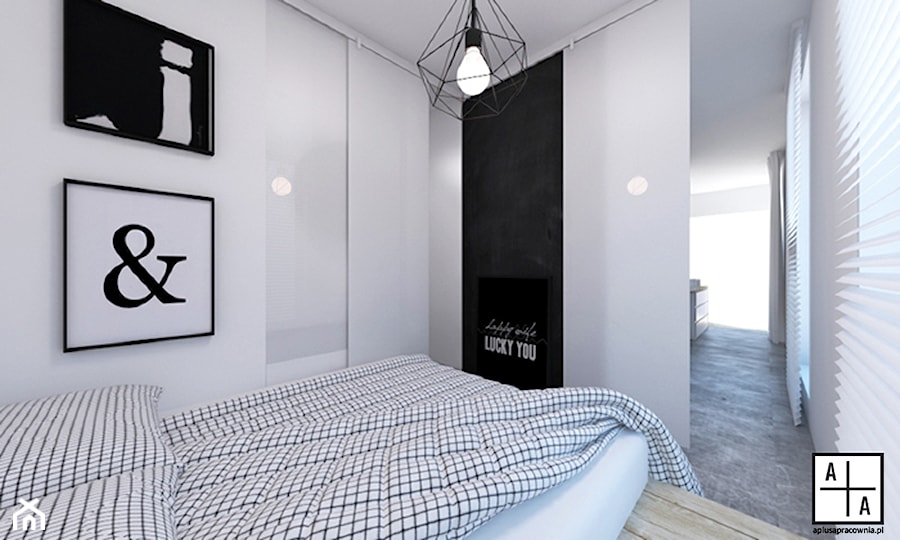 Mieszkanie 2+pies, 53m2 - Średnia biała czarna sypialnia, styl industrialny - zdjęcie od A+A