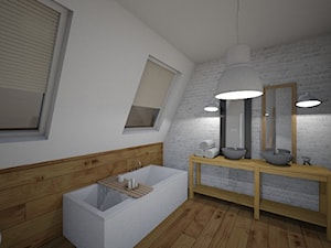 Skandynawska łazienka - drewno, cegła, biel i szarości. - zdjęcie od RTDesign