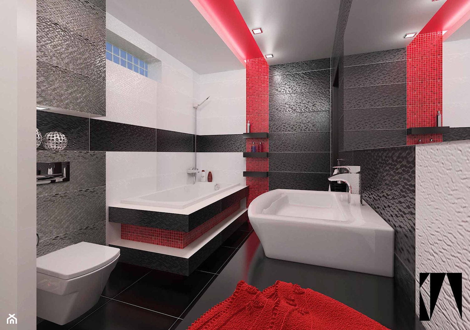 Czarny czerwony biały - Średnia łazienka z oknem, styl nowoczesny - zdjęcie od Katarzyna Wnęk - Homebook