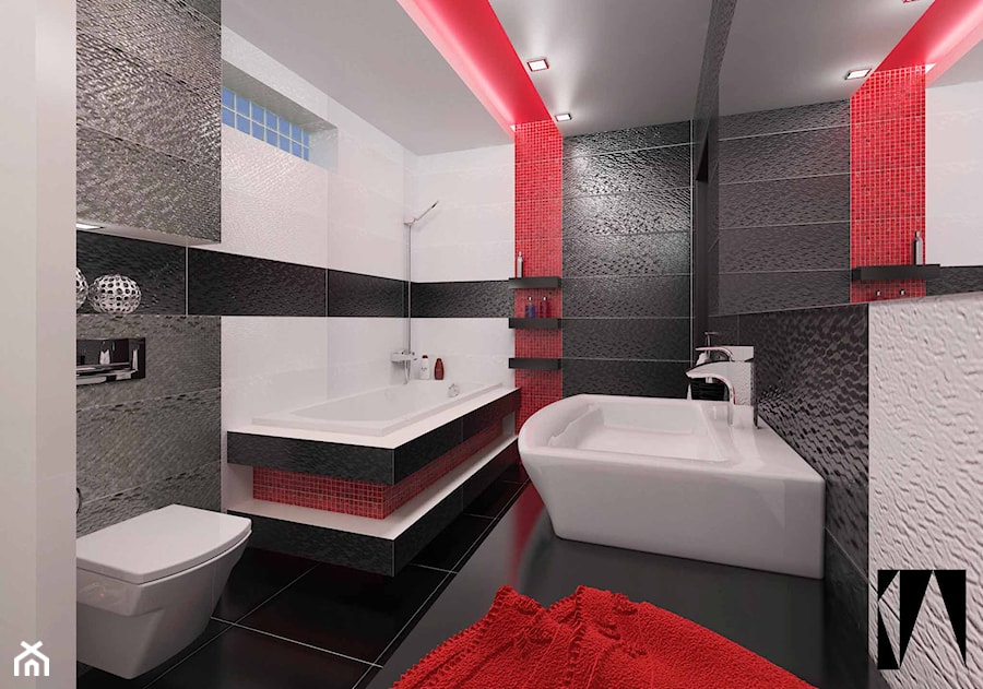 Czarny czerwony biały - Średnia łazienka z oknem, styl nowoczesny - zdjęcie od Katarzyna Wnęk