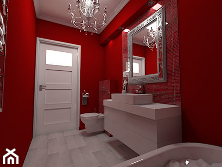 Aranżacje wnętrz - Łazienka: Czerwona łazienka - Średnia bez okna z lustrem łazienka, styl glamour - Katarzyna Wnęk. Przeglądaj, dodawaj i zapisuj najlepsze zdjęcia, pomysły i inspiracje designerskie. W bazie mamy już prawie milion fotografii!
