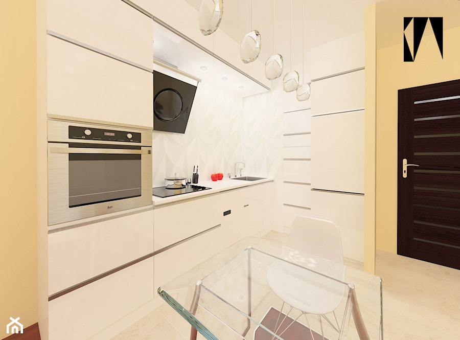Biały aneks kuchenny - Mała otwarta biała z zabudowaną lodówką z podblatowym zlewozmywakiem kuchnia w kształcie litery l, styl minimalistyczny - zdjęcie od Katarzyna Wnęk