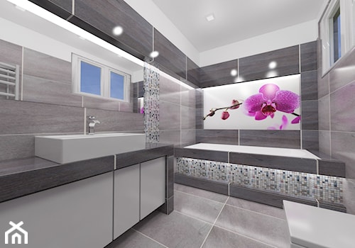 Szara łazienka - Średnia ze szkłem na ścianie z punktowym oświetleniem łazienka z oknem, styl glamo ... - zdjęcie od Katarzyna Wnęk