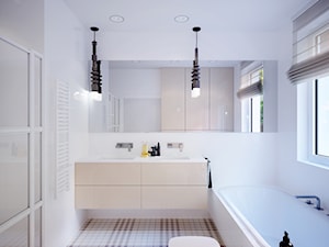 dom prywatny - Mała z lustrem z dwoma umywalkami z punktowym oświetleniem łazienka z oknem, styl nowoczesny - zdjęcie od JOTKA PROJEKT