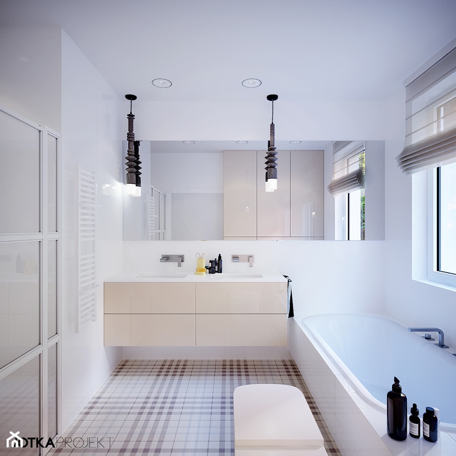 dom prywatny - Mała z lustrem z dwoma umywalkami z punktowym oświetleniem łazienka z oknem, styl nowoczesny - zdjęcie od JOTKA PROJEKT
