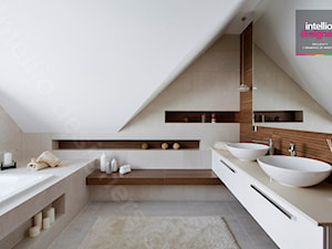 Dom na Podhalu - Średnia na poddaszu bez okna z lustrem z dwoma umywalkami łazienka, styl nowoczesny - zdjęcie od Intellio designers projekty wnętrz