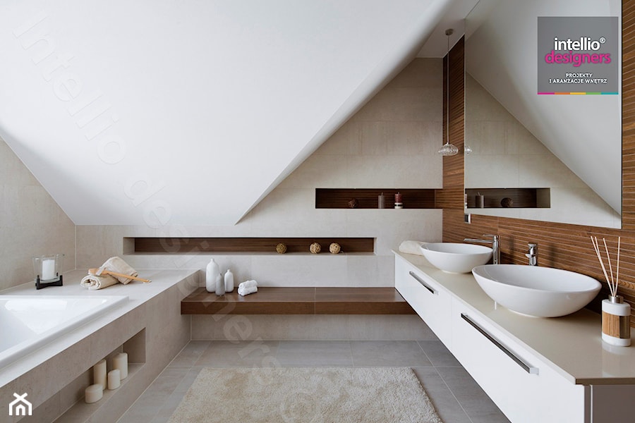 Dom na Podhalu - Średnia na poddaszu bez okna z lustrem z dwoma umywalkami łazienka, styl nowoczesny - zdjęcie od Intellio designers projekty wnętrz