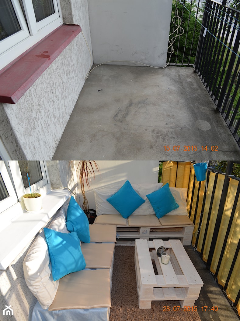Metamorfoza balkonu - Mały z podłoga z płyt betonowych z meblami ogrodowymi z meblami z palet taras z tyłu domu - zdjęcie od czajkaan - Homebook