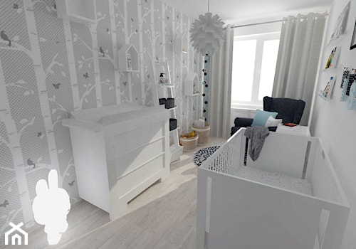 Projekt pokoju dziecięcego - Mały biały szary pokój dziecka dla niemowlaka dla dziecka dla chłopca dla dziewczynki, styl nowoczesny - zdjęcie od white interior design