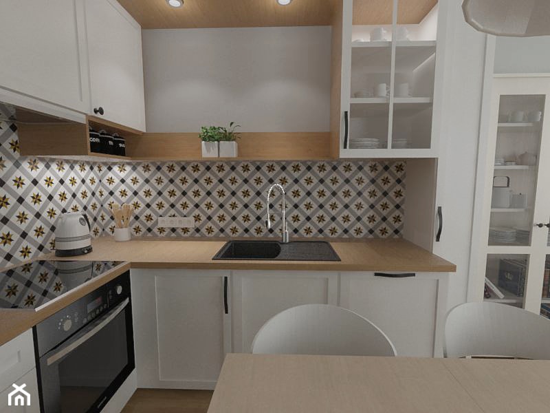salon z aneksem 21 m2 - Średnia zamknięta biała szara z zabudowaną lodówką z lodówką wolnostojącą z nablatowym zlewozmywakiem kuchnia w kształcie litery l - zdjęcie od white interior design