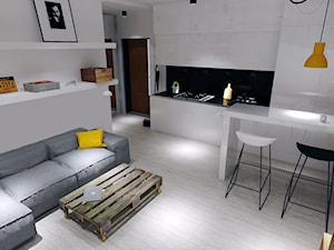 Kawalerka - Mała otwarta z salonem biała czarna z zabudowaną lodówką z nablatowym zlewozmywakiem kuchnia jednorzędowa, styl nowoczesny - zdjęcie od white interior design