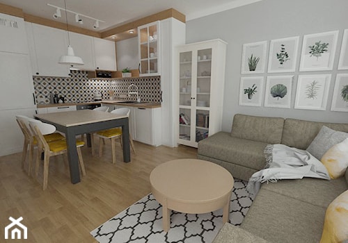salon z aneksem 21 m2 - Mały szary salon z kuchnią z jadalnią - zdjęcie od white interior design