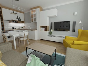 salon z aneksem 21 m2 - Średni biały szary salon z kuchnią z jadalnią - zdjęcie od white interior design