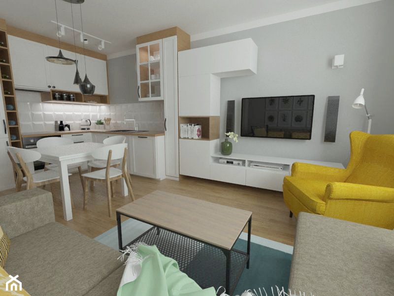 salon z aneksem 21 m2 - Średni biały szary salon z kuchnią z jadalnią - zdjęcie od white interior design