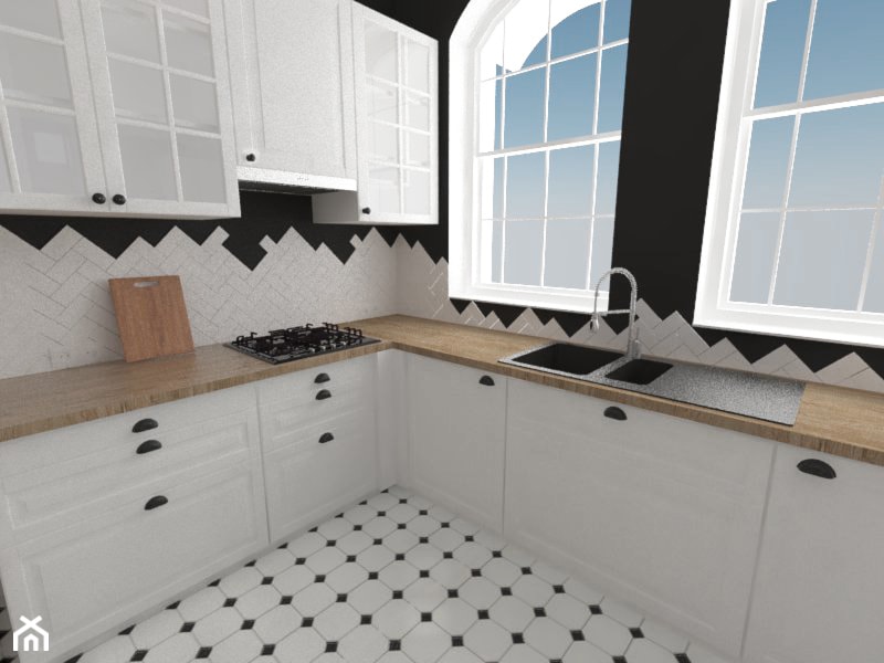 Drugie życie starego domu - Średnia zamknięta czarna z zabudowaną lodówką z nablatowym zlewozmywakiem kuchnia w kształcie litery l z oknem - zdjęcie od white interior design - Homebook