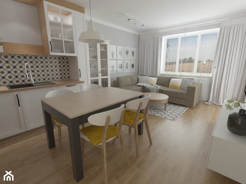 salon z aneksem 21 m2 - Mała otwarta z salonem szara z zabudowaną lodówką z nablatowym zlewozmywakiem kuchnia jednorzędowa z oknem - zdjęcie od white interior design