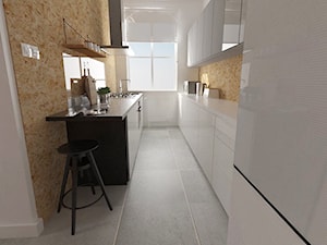 kamienica_poznań - Duża zamknięta z salonem z kamiennym blatem biała z zabudowaną lodówką kuchnia dwurzędowa z oknem - zdjęcie od white interior design