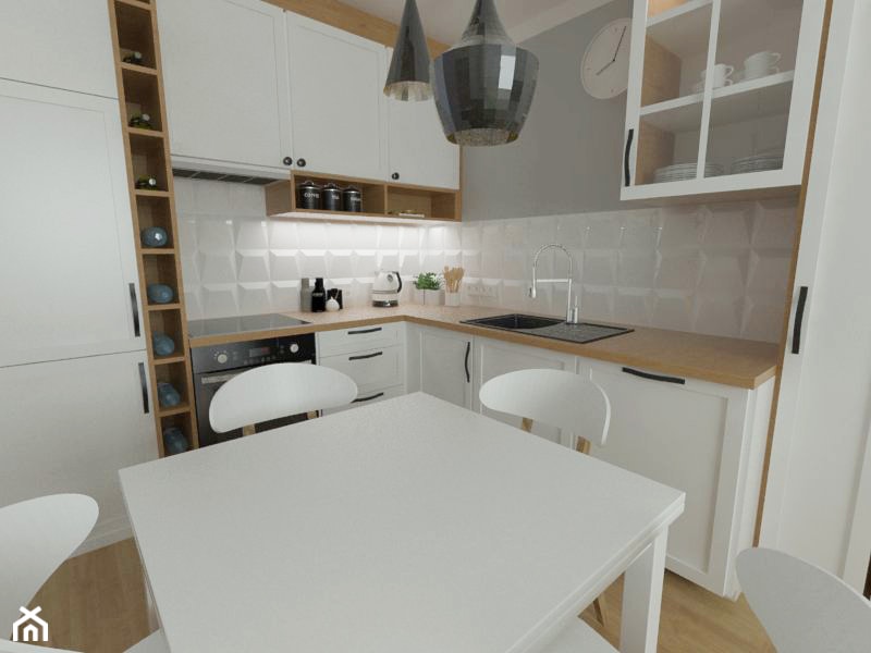 salon z aneksem 21 m2 - Średnia zamknięta biała szara z zabudowaną lodówką z lodówką wolnostojącą z nablatowym zlewozmywakiem kuchnia w kształcie litery l - zdjęcie od white interior design