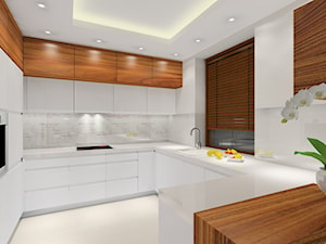 Średnia otwarta z salonem beżowa biała z zabudowaną lodówką z nablatowym zlewozmywakiem kuchnia w kształcie litery u z marmurem nad blatem kuchennym, styl nowoczesny - zdjęcie od MKdezere
