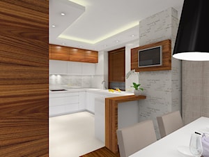 Przytulne mieszkanie - Średnia otwarta z kamiennym blatem beżowa biała z podblatowym zlewozmywakiem kuchnia w kształcie litery g z marmurem nad blatem kuchennym, styl nowoczesny - zdjęcie od MKdezere